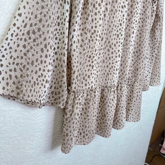 Altar'd State Dress Womens Medium Tan Brown Dot Boho Ruffle Tiered Flare Sleeve - Picture 4 of 13